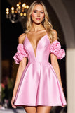Pink Corset Cute Short Prom Dress with 3D Flowers