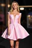 Pink Satin Ruched A Line Short Prom Dress