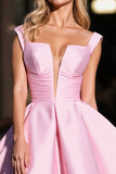 Pink Satin Ruched A Line Short Prom Dress