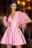 Pink Cute Short Prom Dress with Feathers