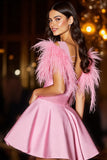 Pink Cute Short Prom Dress with Feathers