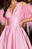 Pink Cute Short Prom Dress with Feathers