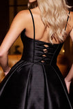 Black Satin Spaghetti Straps Short Prom Dress with Appliques