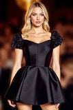 Black A Line Satin Short Prom Dress with Ruffles