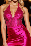 Fuchsia Corset Bodycon Halter Short Prom Dress
