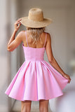 Pink A Line Satin Spaghetti Straps Short Prom Dress