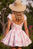 Pink Flower Corset Short A Line Prom Dress