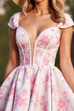 Pink Flower Corset Short A Line Prom Dress