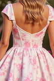 Pink Flower Corset Short A Line Prom Dress