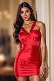 Red Bodycon Satin Halter Short Prom Dress