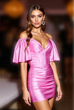 Fuchsia Satin Off the Shoulder Bodycon Short Prom Dress