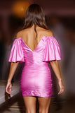 Fuchsia Satin Off the Shoulder Bodycon Short Prom Dress