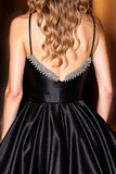 Sparkly Black A Line Satin Spaghetti Straps Short Prom Dress