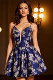 Navy Floral A Line Spaghetti Straps Short Cocktail Dress
