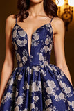 Navy Floral A Line Spaghetti Straps Short Cocktail Dress