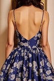Navy Floral A Line Spaghetti Straps Short Cocktail Dress
