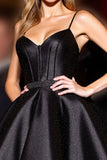 Black Satin Corset Spaghetti Straps A Line Short Prom Dress