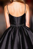 Black Satin Corset Spaghetti Straps A Line Short Prom Dress