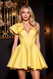 Yellow Satin A Line Spaghetti Straps Short Prom Dress