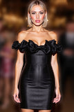 Black Satin Bodycon Off the Shoulder Short Cocktail Dress with Ruffles