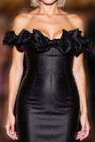 Black Satin Bodycon Off the Shoulder Short Cocktail Dress with Ruffles