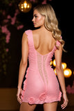 Pink Bodycon Ruched Short Prom Dress with 3D Flowers