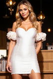 White Bodycon Satin Off the Shoulder Short Prom Dress with 3D Flowers