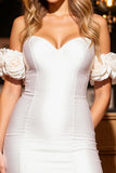 White Bodycon Satin Off the Shoulder Short Prom Dress with 3D Flowers