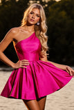 Fuchsia A Line One Shoulder Short Prom Dress