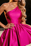 Fuchsia A Line One Shoulder Short Prom Dress