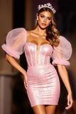 Sparkly Pink Corset Puff Sleeves Bodycon Short Prom Dress