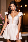 Sparkly Ivory Corset A Line Cap Sleeves Mini Cocktail Dress