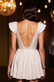 Sparkly Ivory Corset A Line Cap Sleeves Mini Cocktail Dress