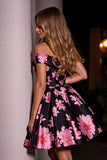 Black Print Floral Satin A Line Short Prom Dress