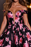 Black Print Floral Satin A Line Short Prom Dress
