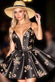 Black Floral Satin A Line Short Prom Dress