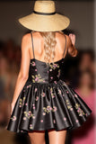 Black Floral Satin A Line Short Prom Dress