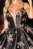 Black Floral Satin A Line Short Prom Dress