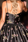 Black Floral Satin A Line Short Prom Dress