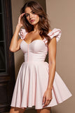 Light Pink Ruffled Sleeve Simple A Line Cocktail Dress