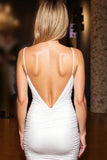 White Spaghetti Straps Ruched Bodycon Cocktail Dress