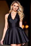 Halter Black Satin A Line Short Prom Dress