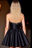 Halter Black Satin A Line Short Prom Dress