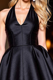 Halter Black Satin A Line Short Prom Dress