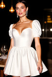 White Puff Sleeve A Line Short Prom Dress