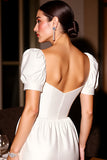 White Puff Sleeve A Line Short Prom Dress