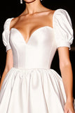 White Puff Sleeve A Line Short Prom Dress