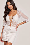 White Bodycon Puff Sleeve Cocktail Dress With Appliques