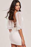 White Bodycon Puff Sleeve Cocktail Dress With Appliques
