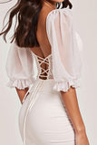 White Bodycon Puff Sleeve Cocktail Dress With Appliques